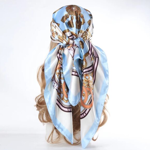 2/$30 Patterned Large Silk Satin Scarf Square Blue Gold Head Neck Tie Bandana - Picture 1 of 3